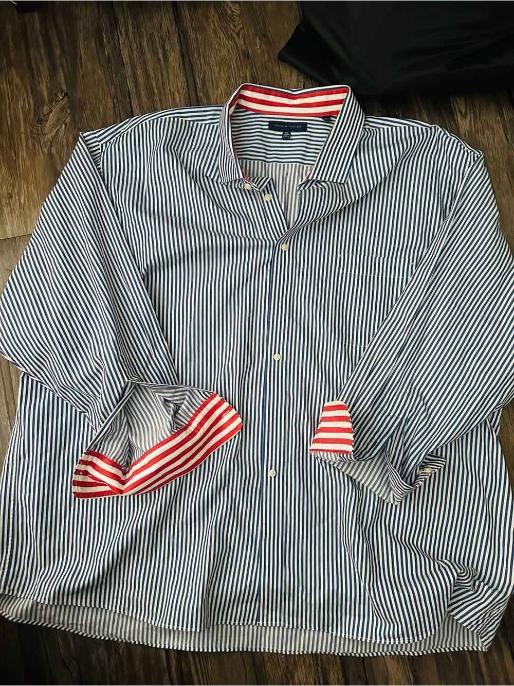 Tommy Hilfiger Blue & White Striped Button-Down Shirt with Red Accent